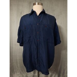 Vtg Silk Blouse Womens Large Navy Button Front Oversized Camp Shirt 90s Coastal